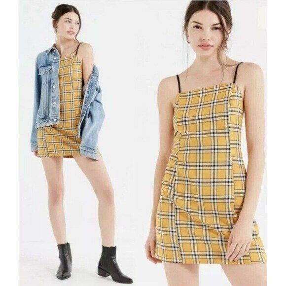 Urban Outfitters Plaid Mini Dress Size S Yellow Academia Checkered Clueless - Picture 1 of 7